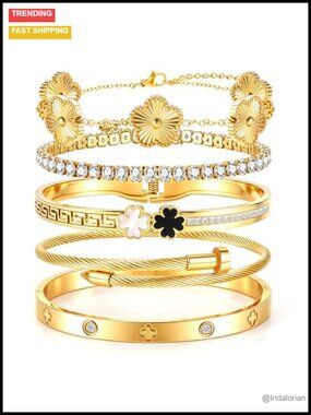 Stainless Steel Bangle Bracelet Set Stackable Clover Charm